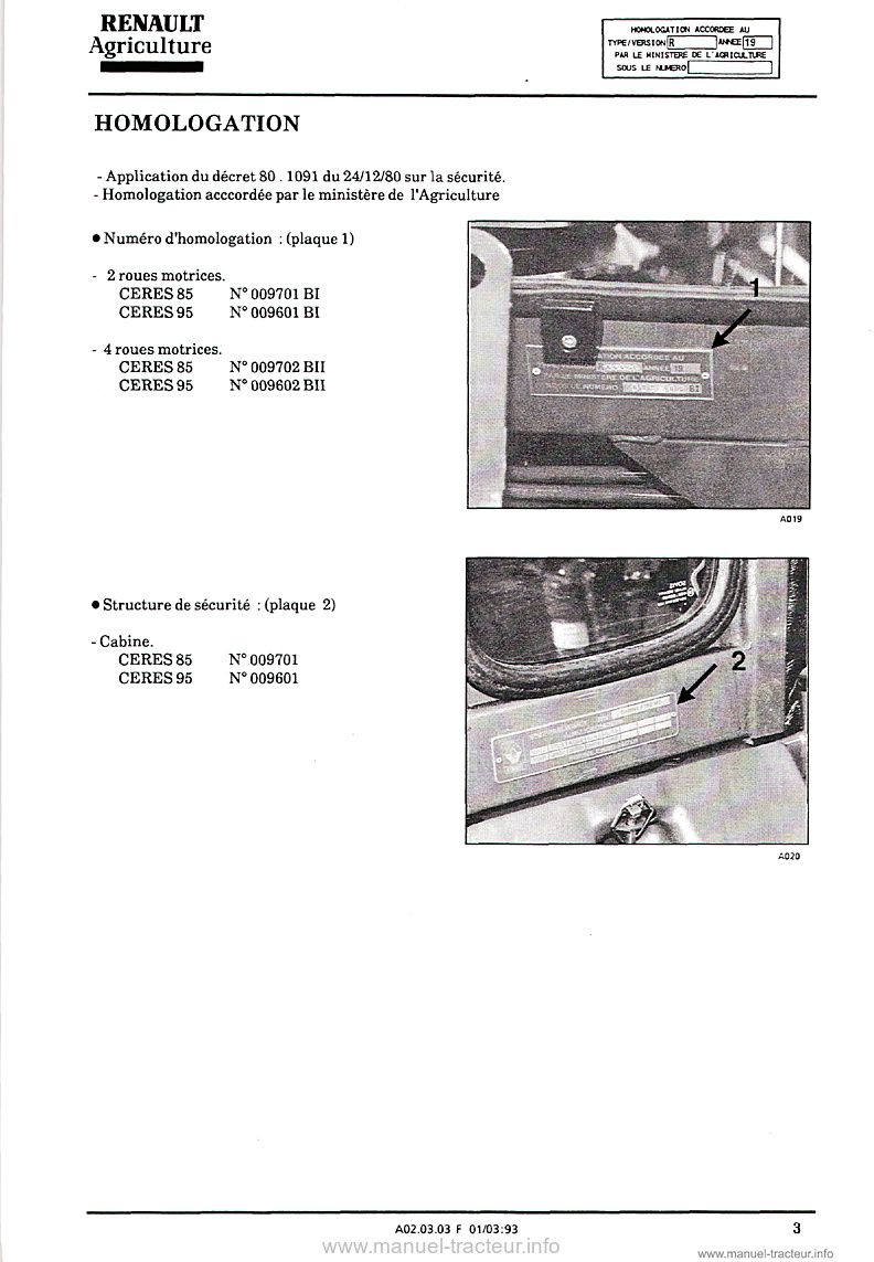 Quatrième page du Guide entretien Renault Ceres 85 95