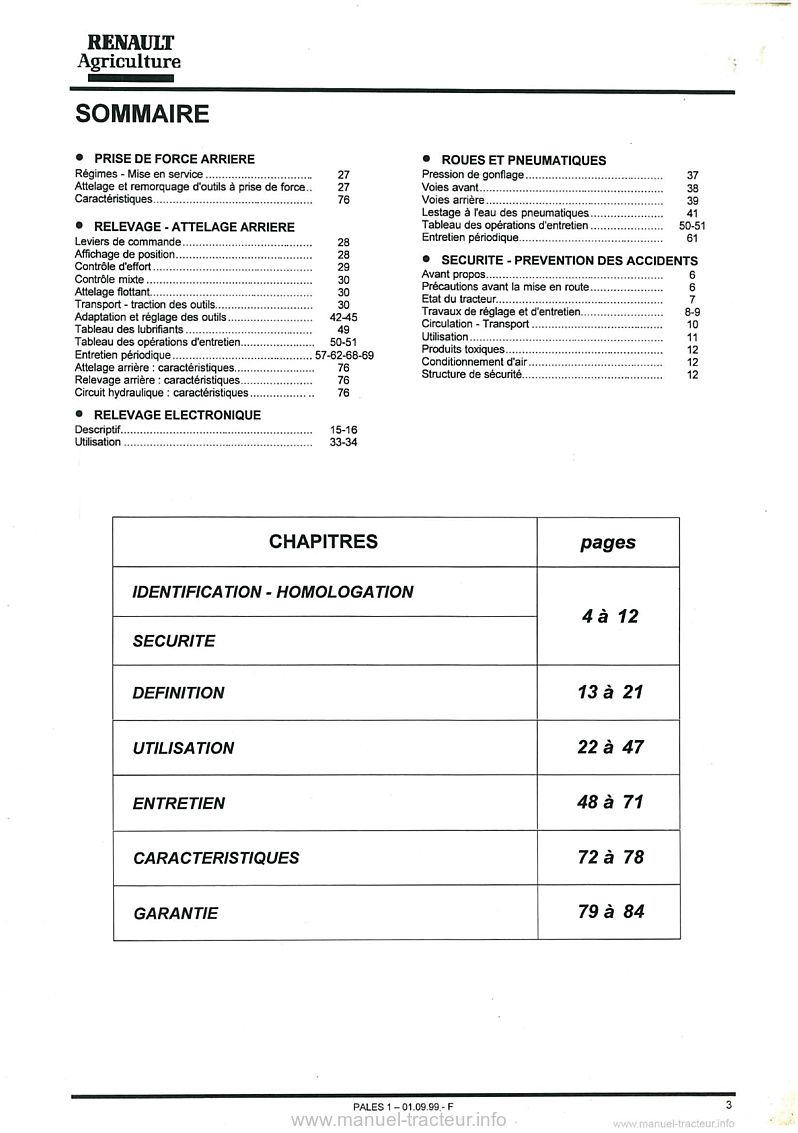 Troisième page du Guide d'entretien et d'utilisation pour les tracteurs Renault PALES 210 230 240