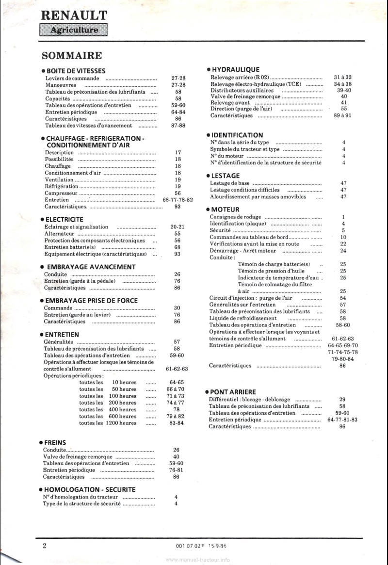 Deuxième page du Guide instructions tracteurs Renault 120.14TX16 120.14TS16