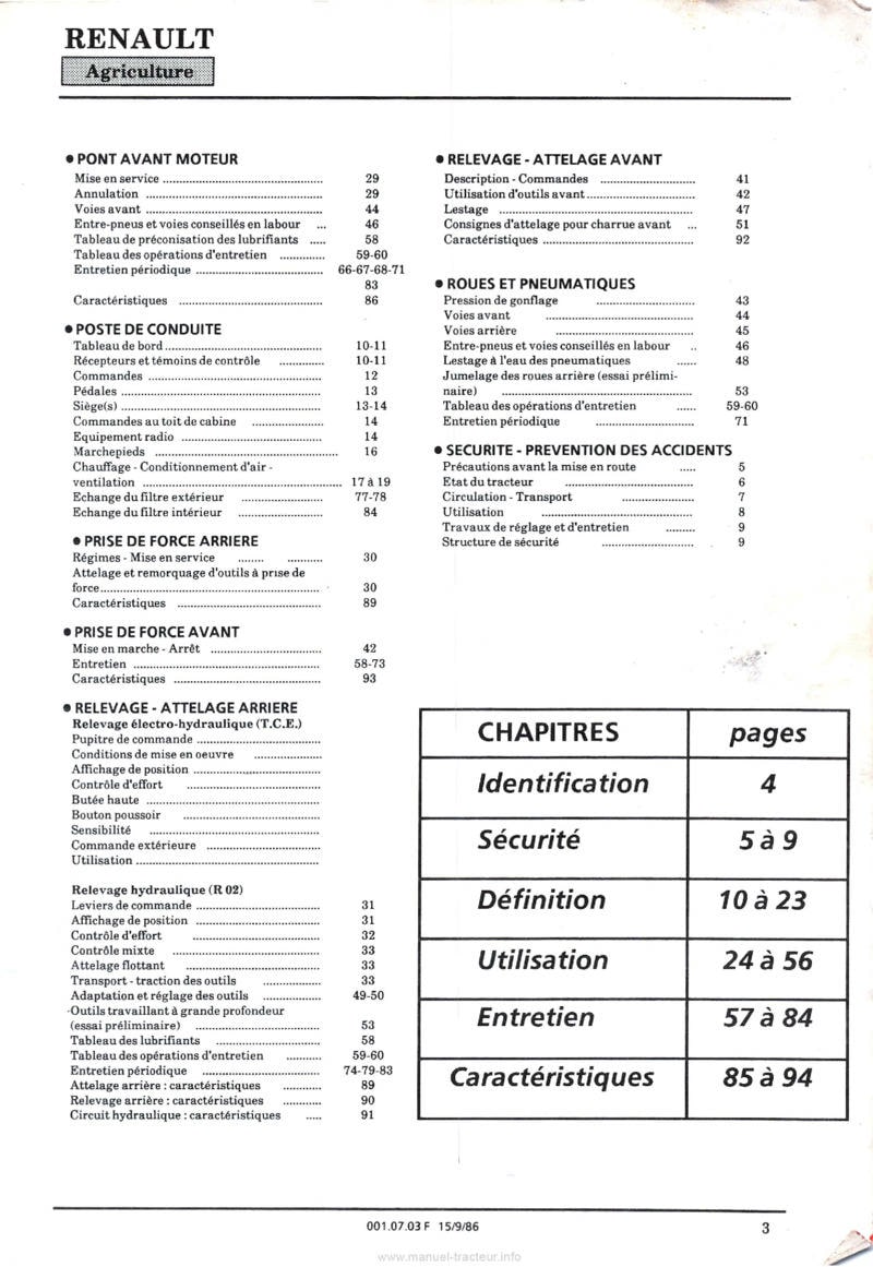 Troisième page du Guide instructions tracteurs Renault 120.14TX16 120.14TS16
