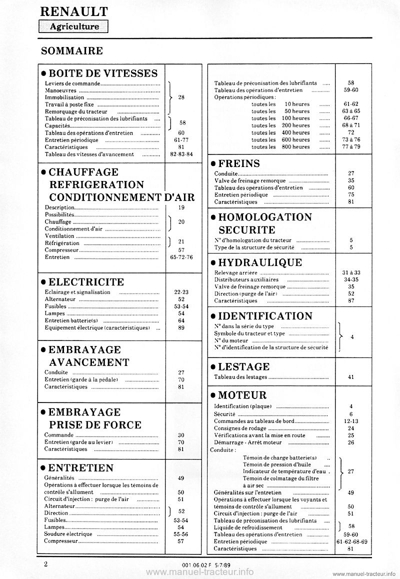 Deuxième page du Guide entretien Renault 120-54 TE16 TA16 TS16 TX16