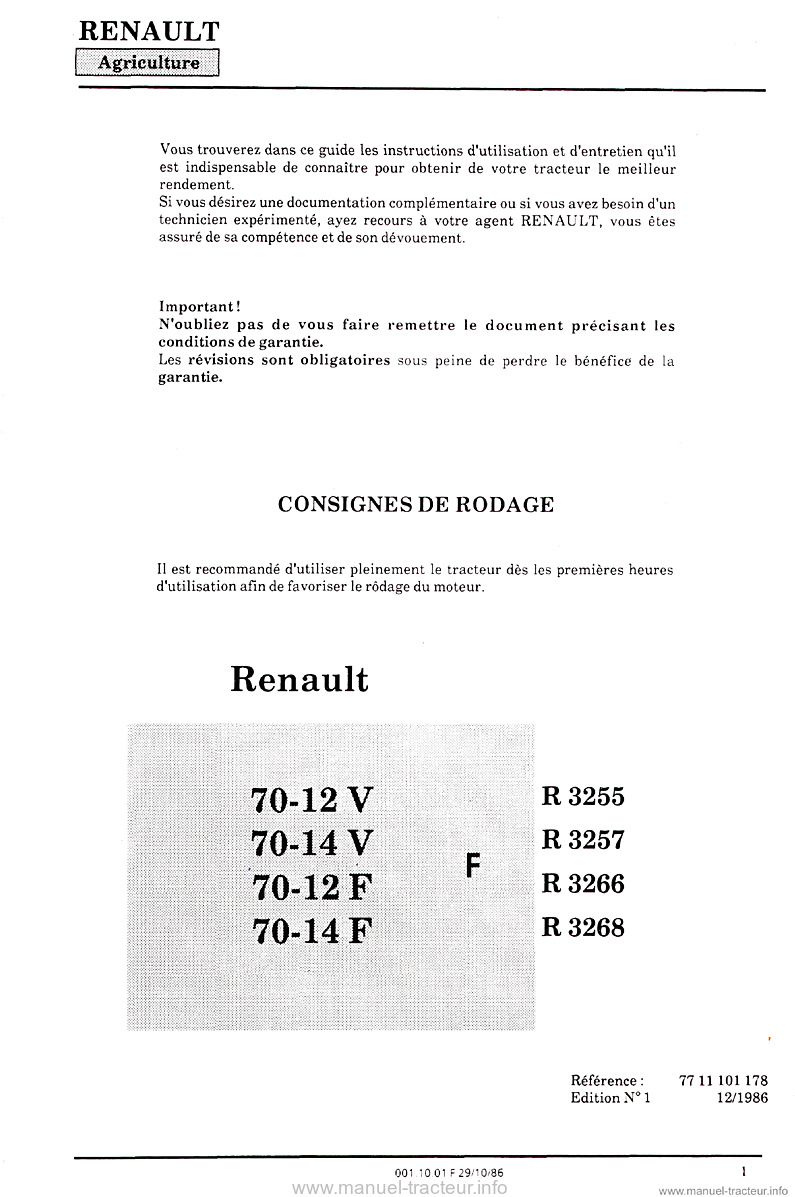 Première page du Guide instructions Renault 70-12 70-14 VF