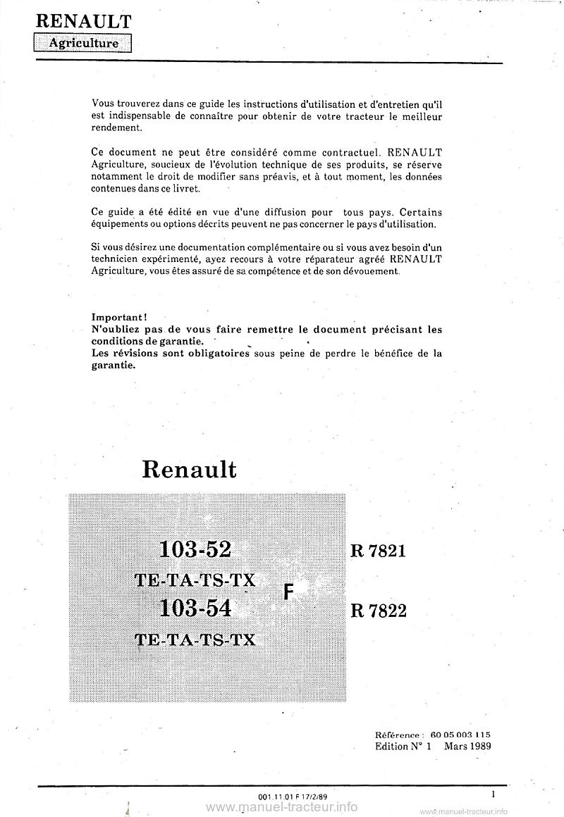 Première page du Livret entretien Renault 103-52 103-54 TE TA TS TX