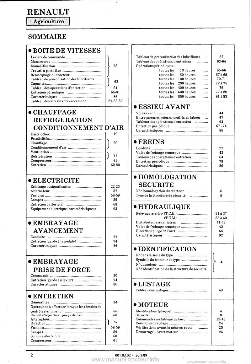 Deuxième page du Livret entretien Renault 103-52 103-54 TE TA TS TX