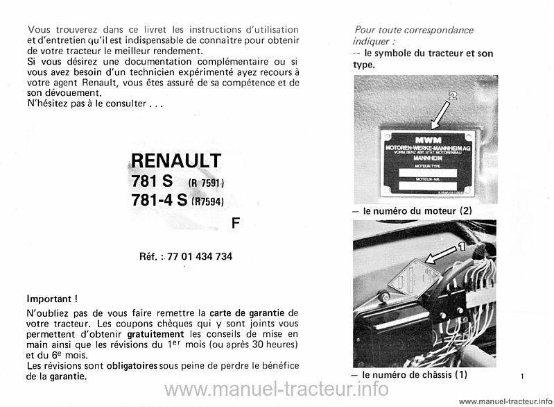 Deuxième page du Livret entretien RENAULT 781s 781.4s