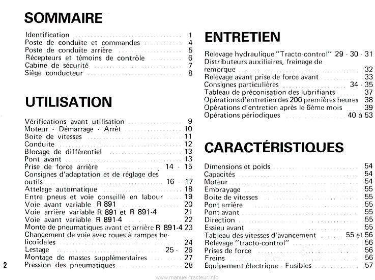 Deuxième page du Livret d'utilisation et d'entretien tracteurs Renault 891 891-4