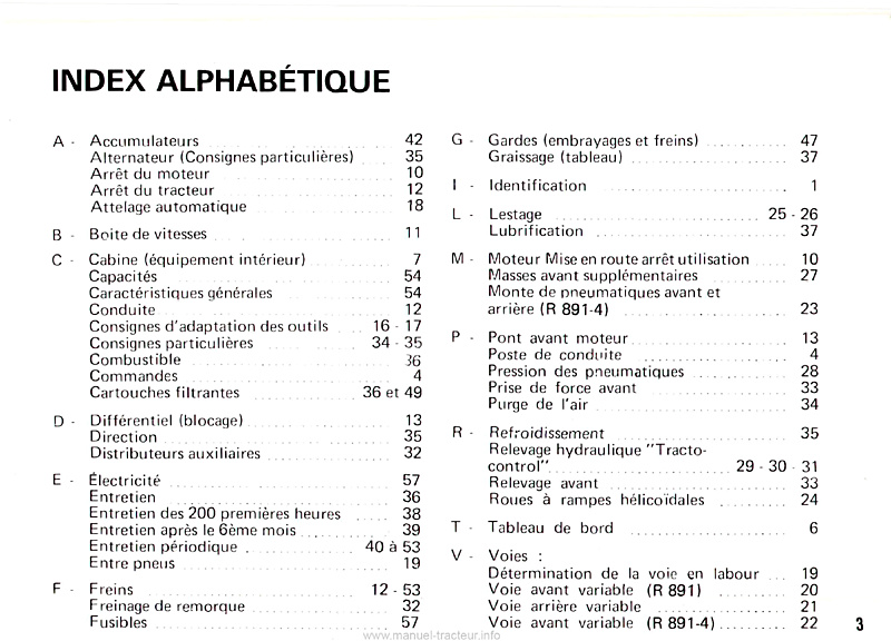 Troisième page du Livret d'utilisation et d'entretien tracteurs Renault 891 891-4