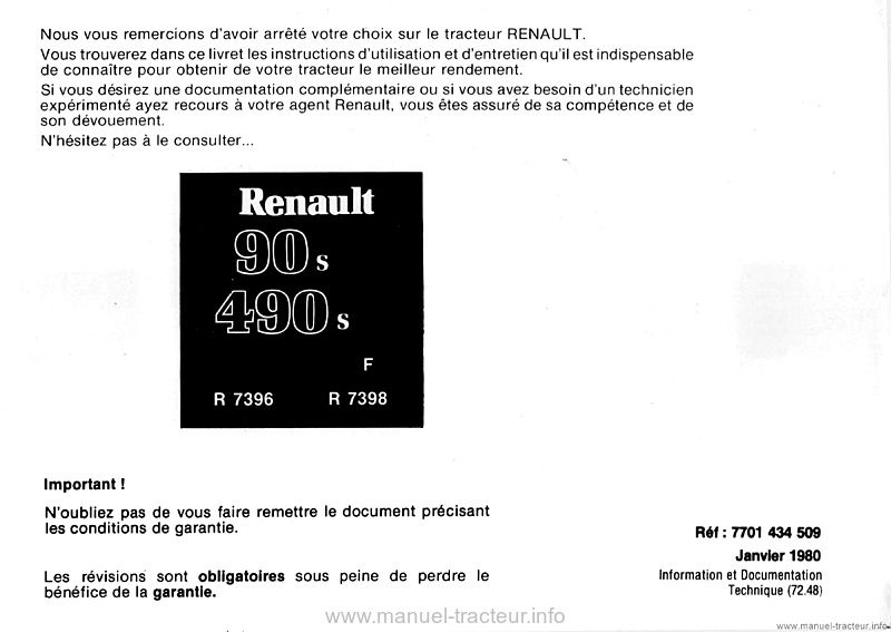 Deuxième page du Livret entretien Renault 90s 490s