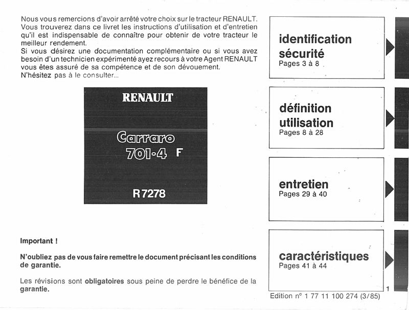 Deuxième page du Livret entretien utilisation RENAULT Carraro 701-4