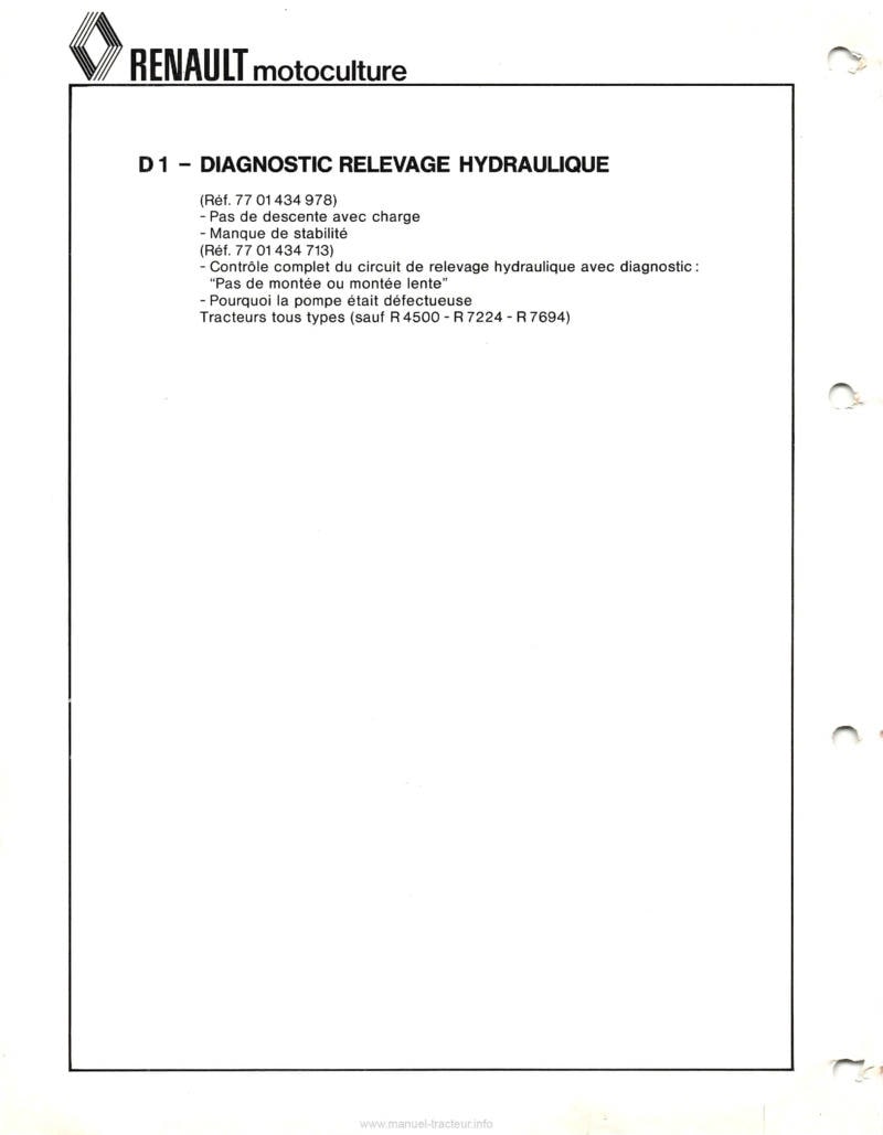 Page 1 du sommaire - Manuel de réparation MR 154 tracteurs Renault Dispositifs hydrauliques