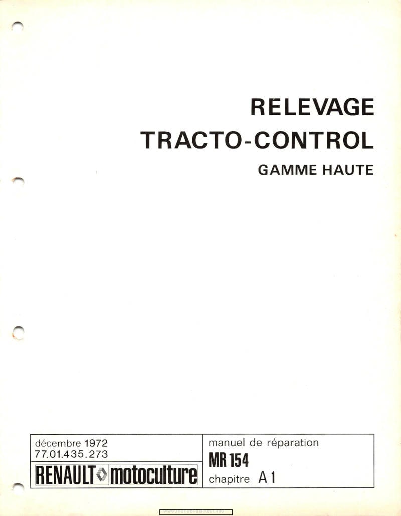 Page 2 du manuel d'atelier - Manuel de réparation MR 154 tracteurs Renault Dispositifs hydrauliques