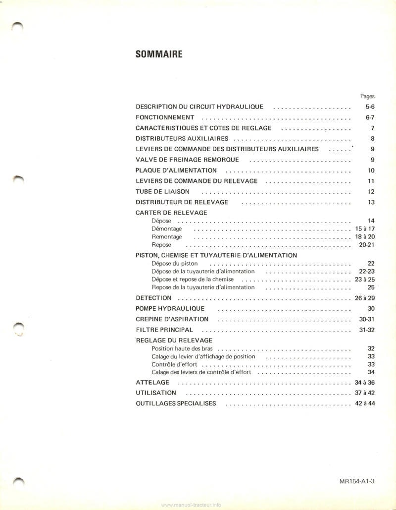 Extrait du guide de réparation - Manuel de réparation MR 154 tracteurs Renault Dispositifs hydrauliques