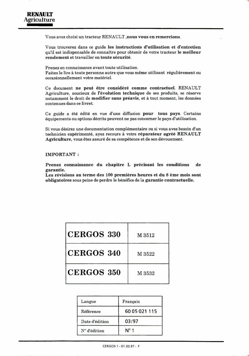 Deuxième page du Notice d'utilisation et d'entretien tracteurs Renault Cergos 330 340 350