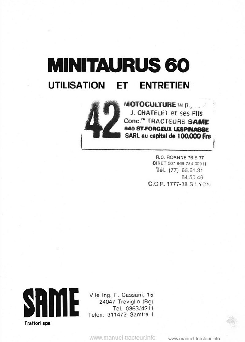 Première page du Livret entretien Same MINITAURUS 60