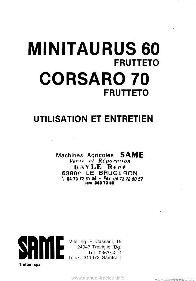 Première page du Livret entretien tracteur Same Minitaurus 60 Corsaro 70