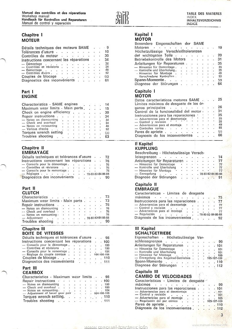 Deuxième page du Manuel de contrôle et de réparation tracteurs Same Sirenetta, Delfino 35, Aurora 45, Minitauro 60, Corsaro 70, Saturno 80, Drago