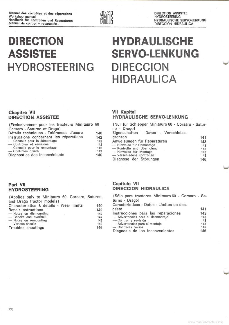 Onzième page du Manuel de contrôle et de réparation tracteurs Same Sirenetta, Delfino 35, Aurora 45, Minitauro 60, Corsaro 70, Saturno 80, Drago