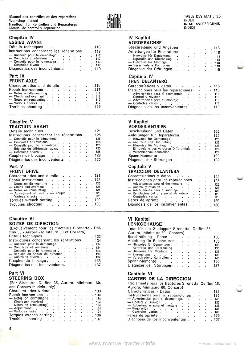 Troisième page du Manuel de contrôle et de réparation tracteurs Same Sirenetta, Delfino 35, Aurora 45, Minitauro 60, Corsaro 70, Saturno 80, Drago