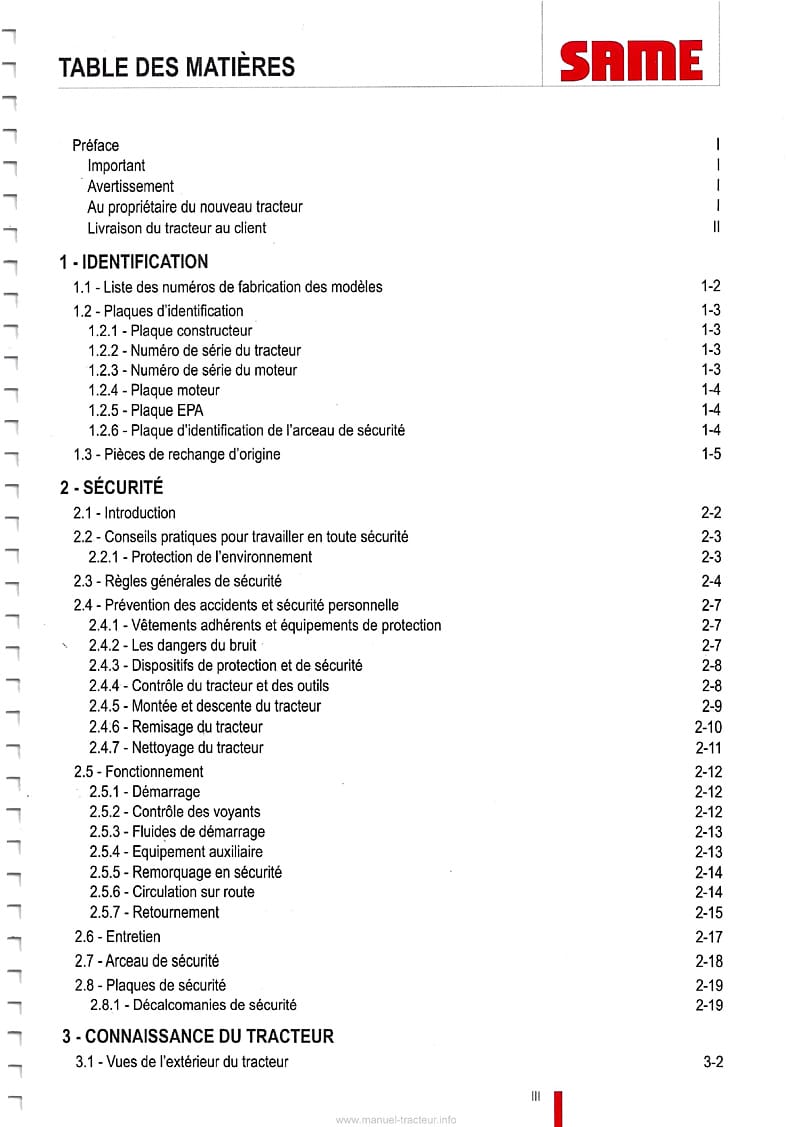 Deuxième page du Manuel entretien et utilisation tracteurs Same Tiger 60 70