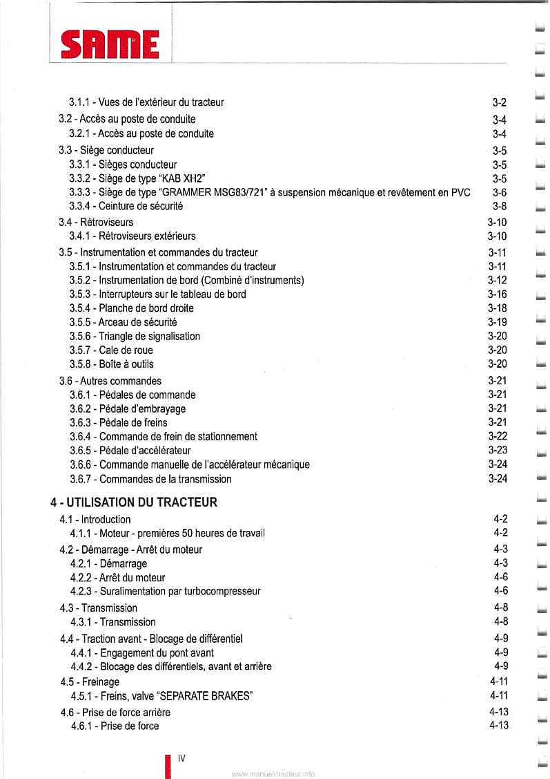 Troisième page du Manuel entretien et utilisation tracteurs Same Tiger 60 70