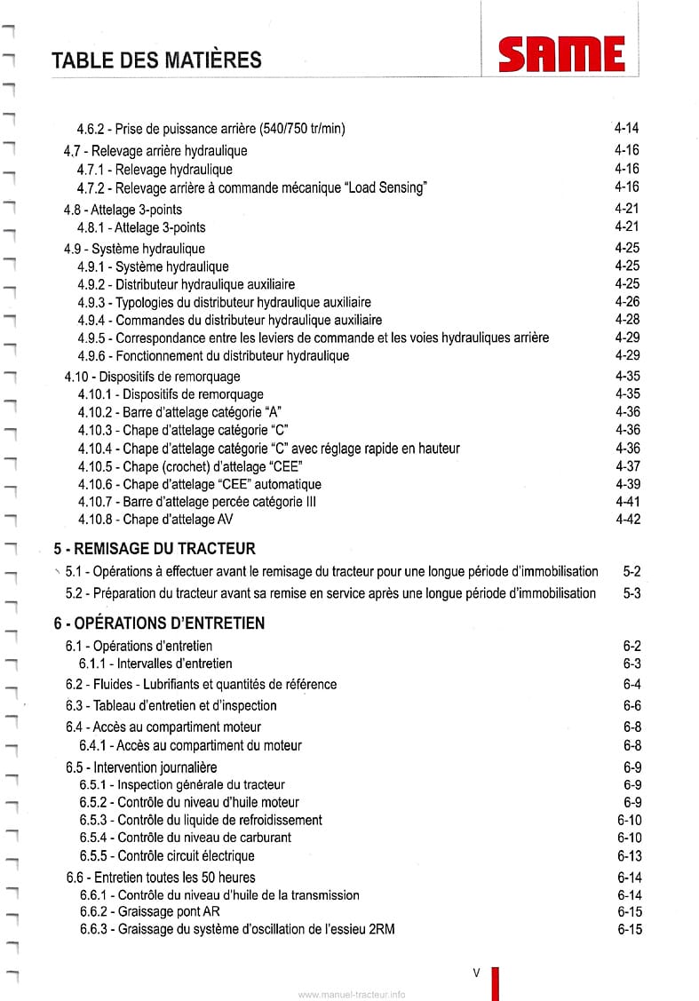 Quatrième page du Manuel entretien et utilisation tracteurs Same Tiger 60 70