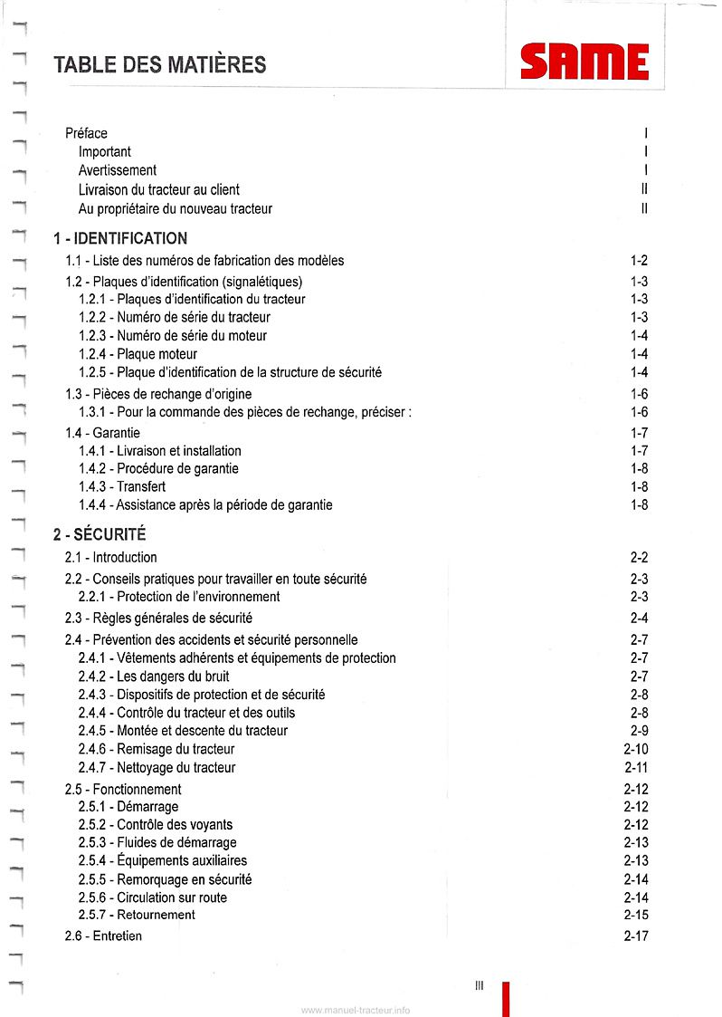Deuxième page du Manuel entretien et utilisation tracteurs Same Tiger 65 75