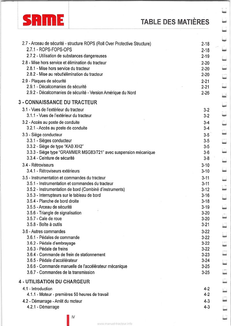 Troisième page du Manuel entretien et utilisation tracteurs Same Tiger 65 75