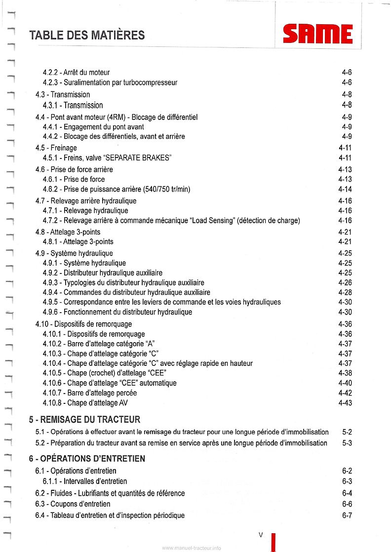 Quatrième page du Manuel entretien et utilisation tracteurs Same Tiger 65 75