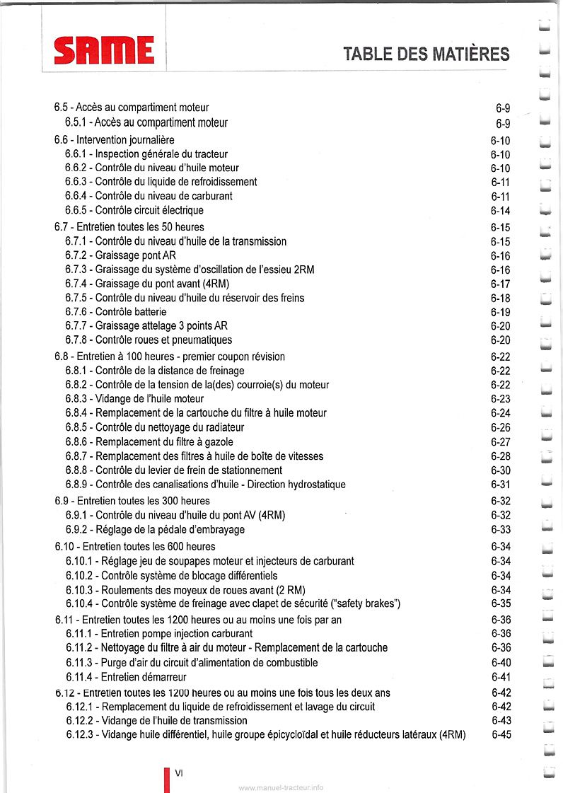 Cinquième page du Manuel entretien et utilisation tracteurs Same Tiger 65 75