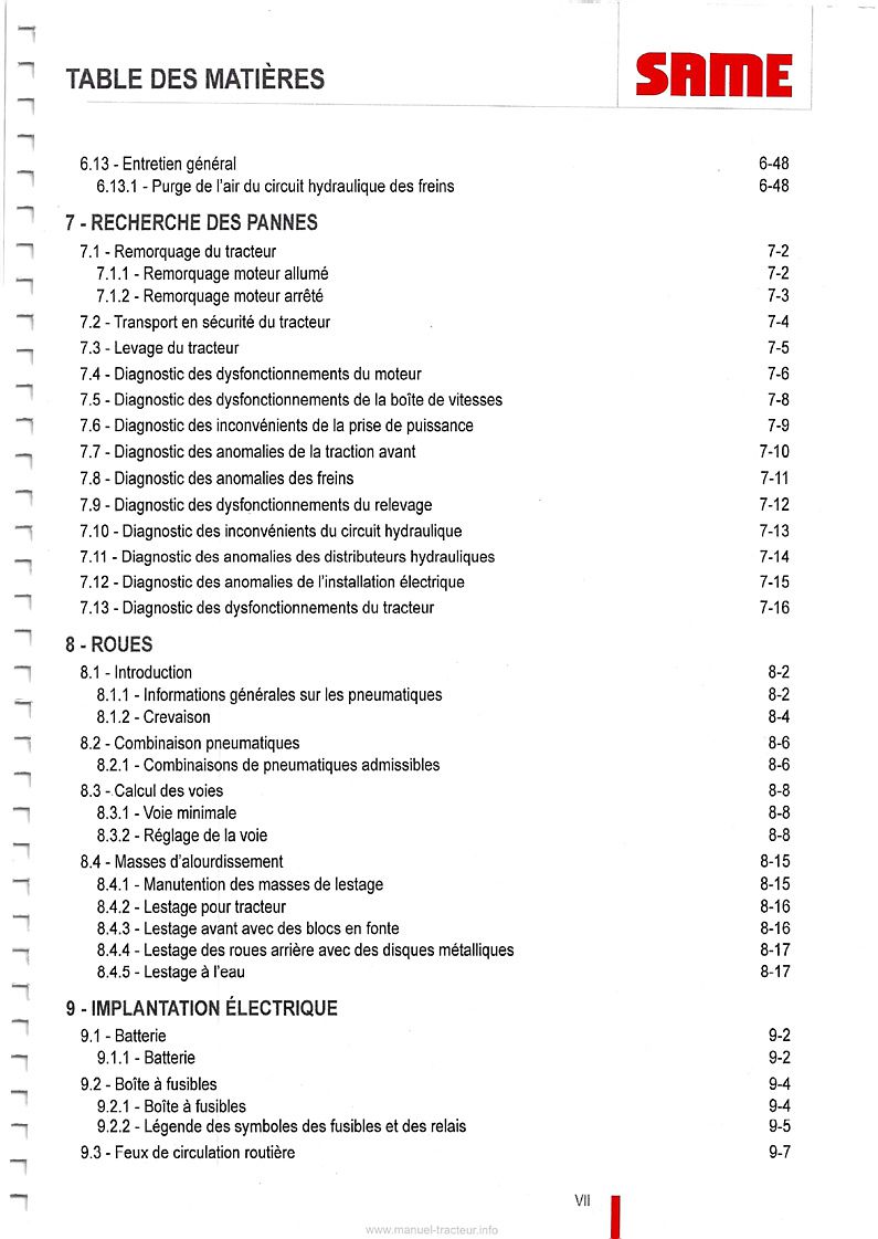 Sixième page du Manuel entretien et utilisation tracteurs Same Tiger 65 75