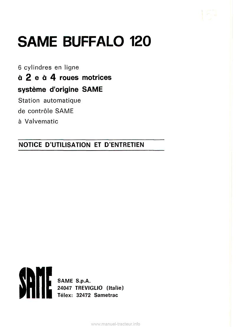 Deuxième page du Notice d'entretien et d'utilisation tracteur Same Buffalo 120