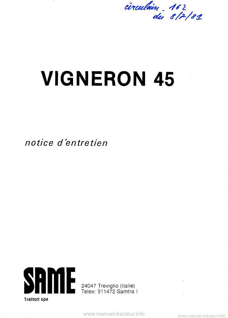 Première page du Livret d'entretien Same Vigneron 45
