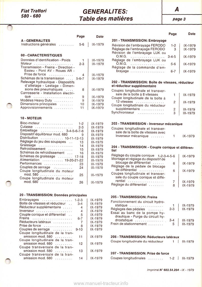 Table des matières du Manuel de réparation tracteur Fiat 580 680 DT