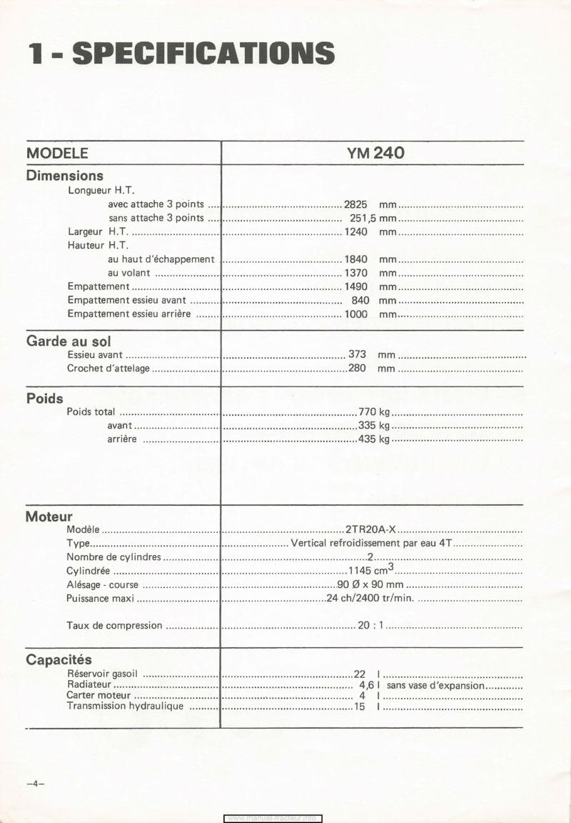 Page 1 du sommaire - Manuel utilisation tracteur Yanmar YM240
