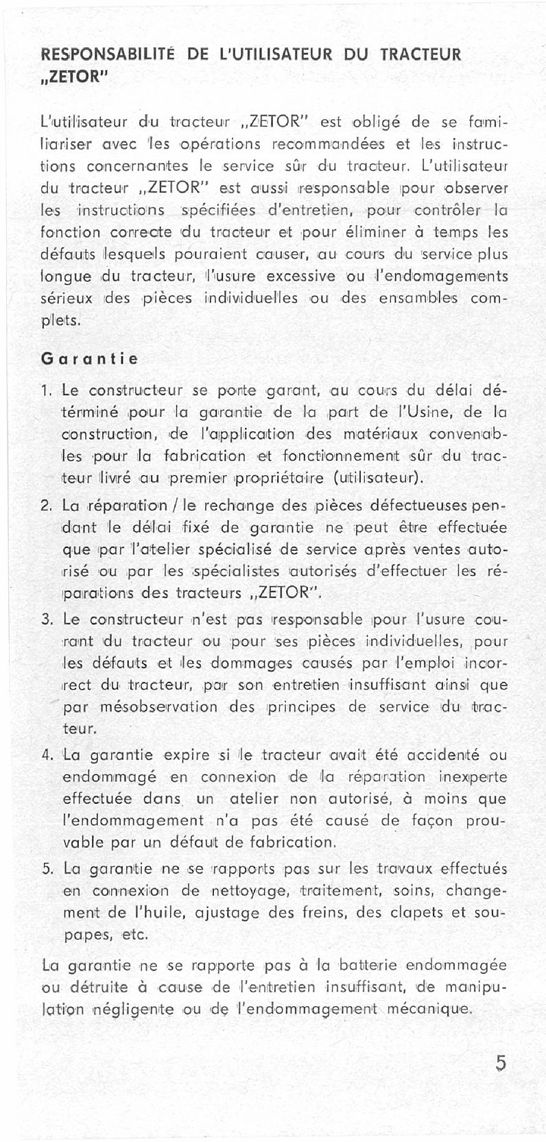 Sixième page du Guide d'utilisation et d'entretien des tracteurs Zetor 5011 6011 6045 7011 7045