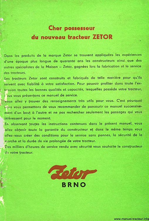 Deuxième page du Guide d'instructions des tracteurs Zetor 5211 5245 6211 6245 7211 7245 7711 7745 7245