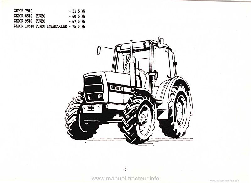 Cinquième page du Guide instructions Zetor 7520 8520 9520 10520 7540 8540 9540 10540