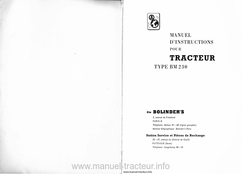 Page 1 du sommaire - Manuel d'instructions tracteur Bolinder BM 230