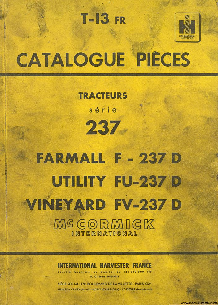 Première page de la revue technique - Catalogue de pièces détachées IH série 237