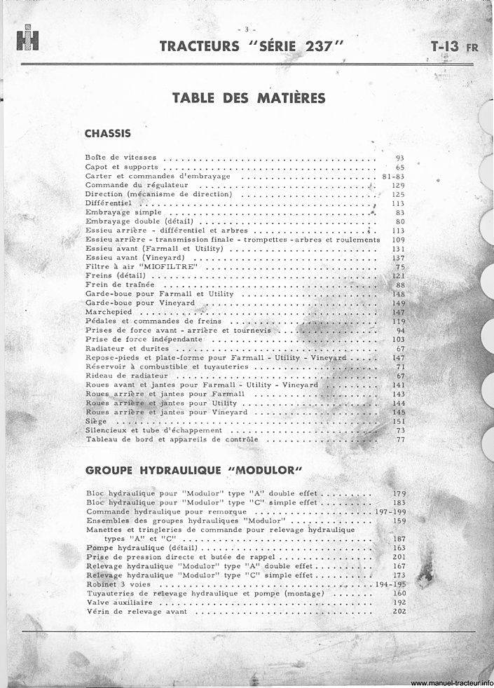 Extrait du guide de réparation - Catalogue de pièces détachées IH série 237
