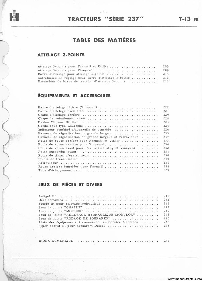 Extrait de la notice technique - Catalogue de pièces détachées IH série 237