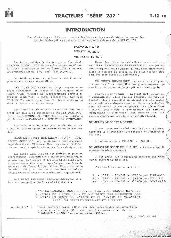 Dernière page de l'aperçu du Catalogue de pièces détachées IH série 237