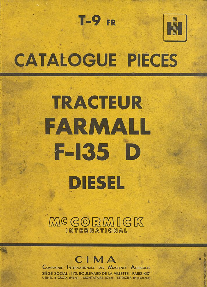 Première page de la revue technique - Catalogue des pièces détachées du tracteur Farmall F-135 D