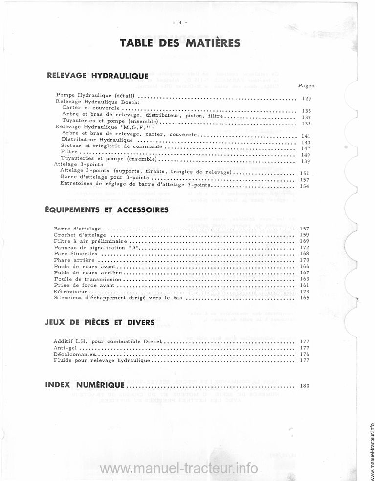 Extrait de la notice technique - Catalogue des pièces détachées du tracteur Farmall F-135 D