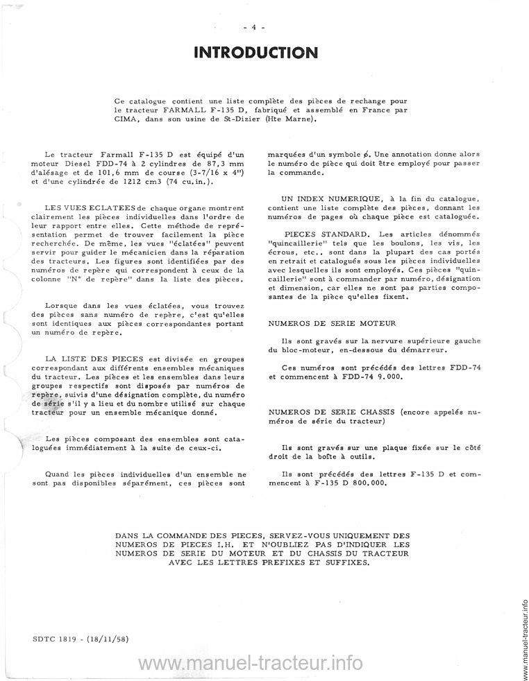 Dernière page de l'aperçu du Catalogue des pièces détachées du tracteur Farmall F-135 D