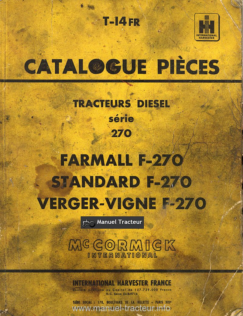 Première page de la revue technique - Catalogue des pièces détachées IH Farmall série 270