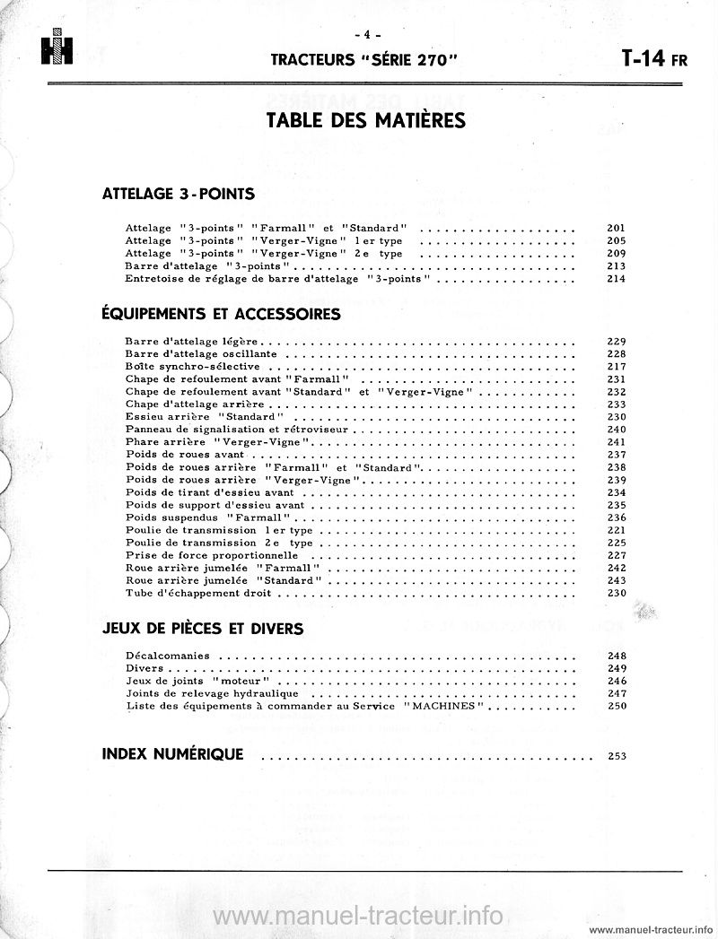 Extrait de la notice technique - Catalogue des pièces détachées IH Farmall série 270
