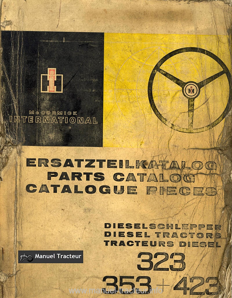 Première page de la revue technique - Catalogue de pièces détachées des tracteurs Mc Cormick International IH 323 353 423