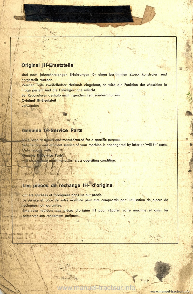 Page 1 du sommaire - Catalogue de pièces détachées des tracteurs Mc Cormick International IH 323 353 423