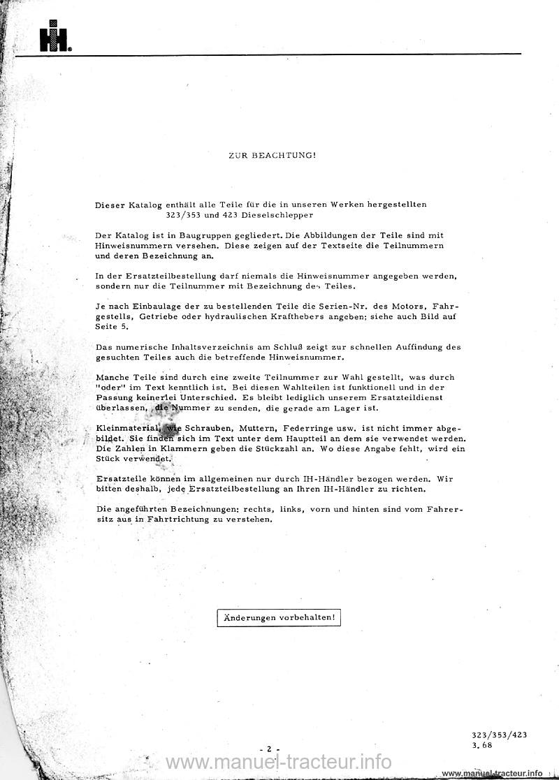 Extrait du guide de réparation - Catalogue de pièces détachées des tracteurs Mc Cormick International IH 323 353 423